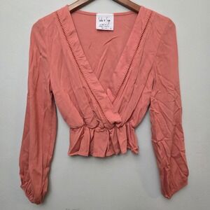 Sadie & Sage Peplum Top Womens XS Terracotta Boho Lace Trim Surplice